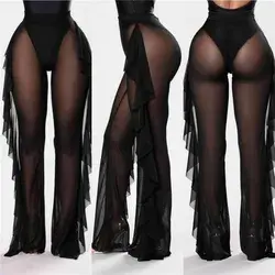 Danaemy Pure Color Ruffles Sexy Mesh See-through Trousers - S / Black