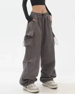 Baggy Elastic Waist Cargo Pants - Black / XXXL