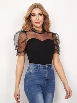 Mesh Yoke & Sleeve Top