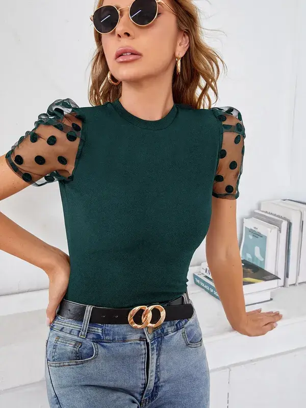 Dobby Mesh Panel Puff Sleeve Tee