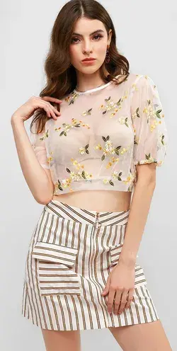 Tied Back See Thru Floral Embroidered Blouse