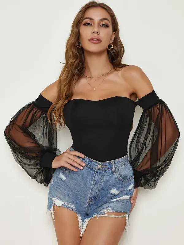 Off Shoulder Mesh Bishop Sleeve Top