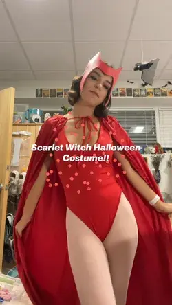 Easy Halloween costume for the Scarlet Witch from the Halloween Wandavision episode!