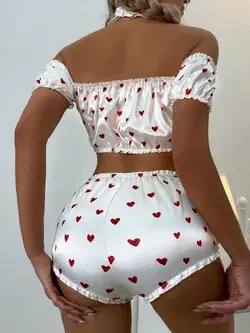 3pack Heart Print Satin Lingerie Set With Choker