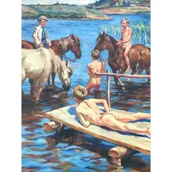 Original Vintage Oil Painting Boys Bathing Horses Signed Nikolai Besky 1939 Russian Art