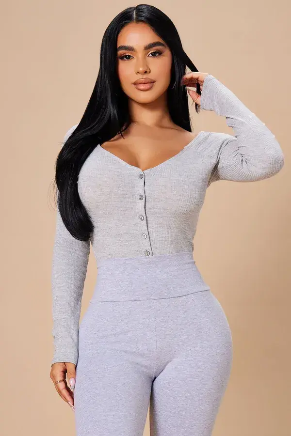 Women's Hazel Ribbed Henley Bodysuit in Heather Grey Size Medium by Fashion Nova