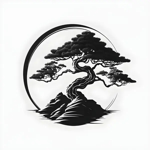 Japan, tree, sun, east, bonsai, art, tattoo, sketch, black and white