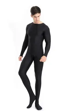 Mens Full Body Spandex Zentai Suit Black Long Sleeve Unitard Adult Zipper Back Footed Cosplay Bod...