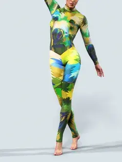 Geometric Bear Bodysuit | Green Blue Printed Unitard Zipper Full Body Festival Costume Pattern Shaping Activewear Women Sportswear Leggings