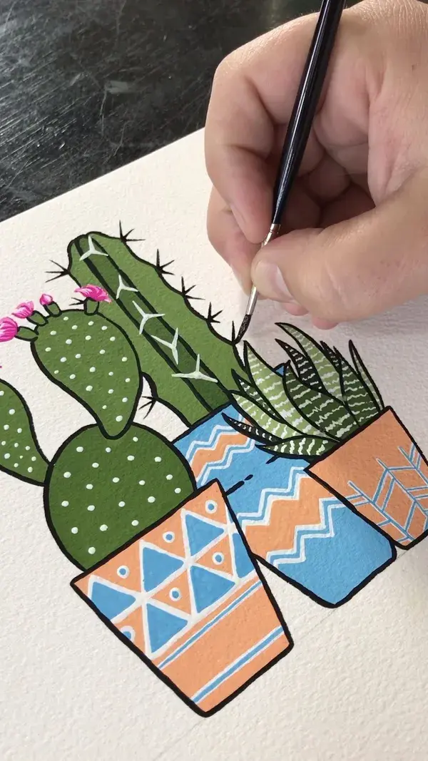 Gouache Painting Potted Cacti by Philip Boelter