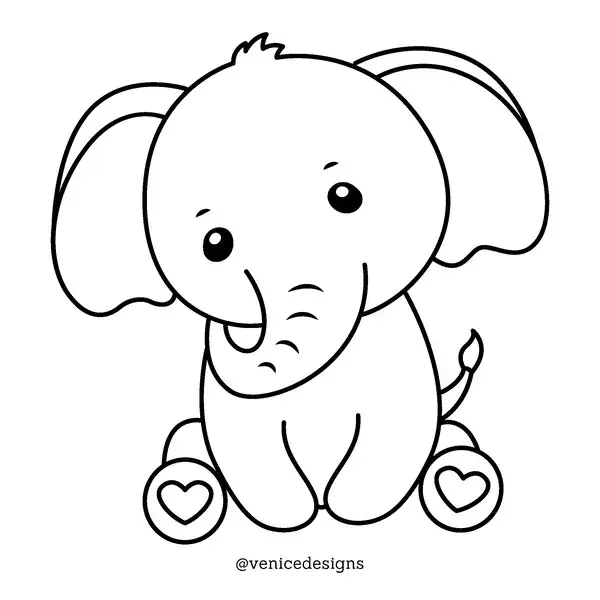 Baby Elephant Cartoon Outline For Kids Coloring Book Free Vector