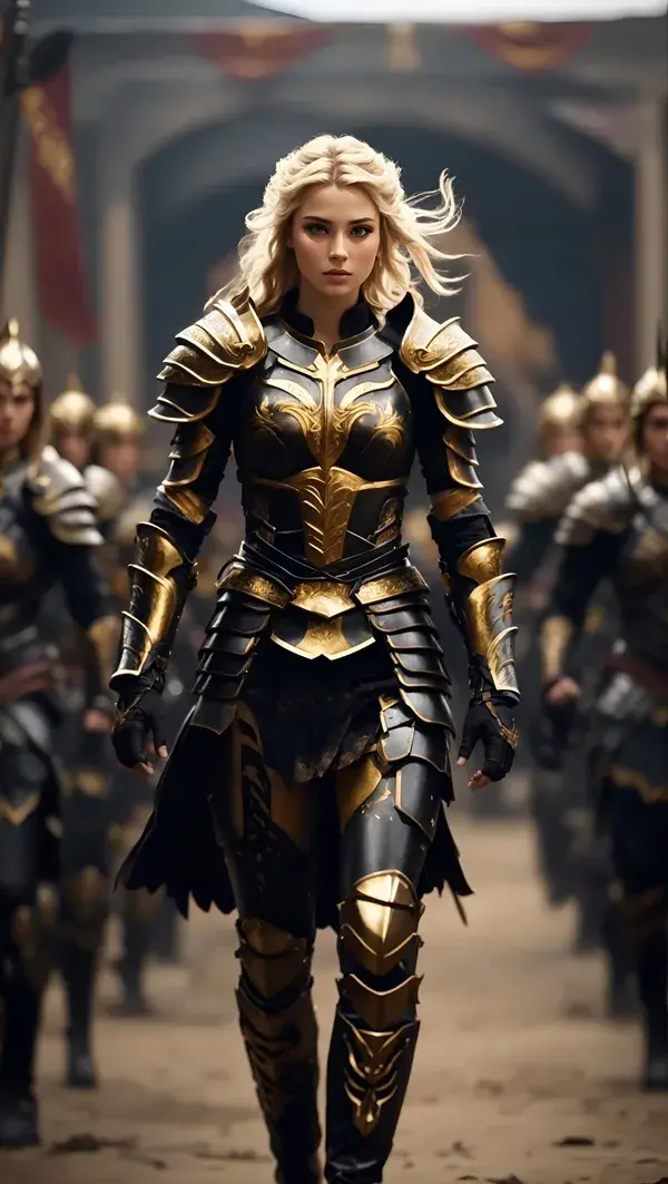 Gleaming Valor: Resolute Blond Warrior Steps Forth