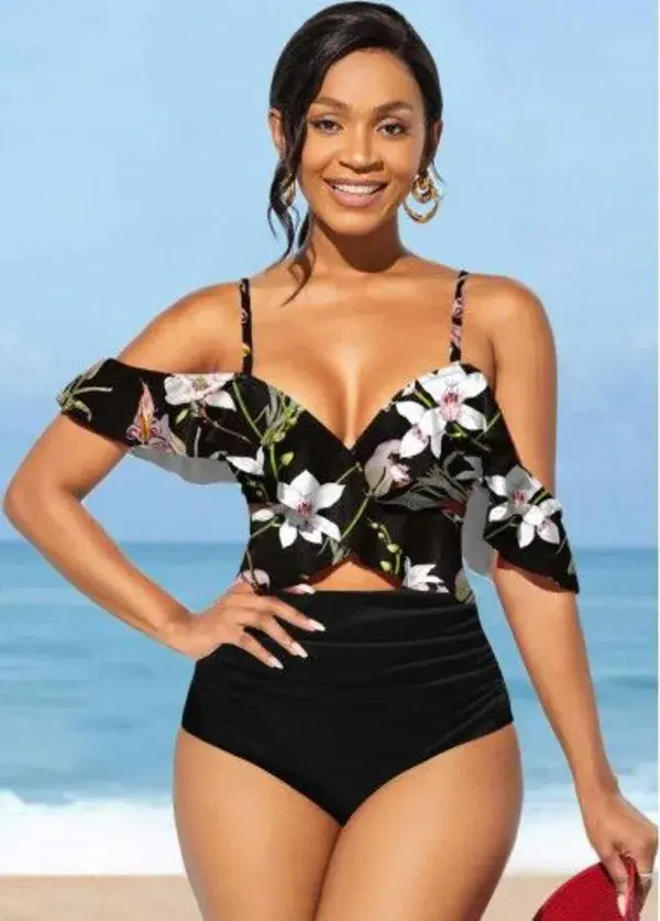 Flounce Floral Print High Waisted Black Bikini Set