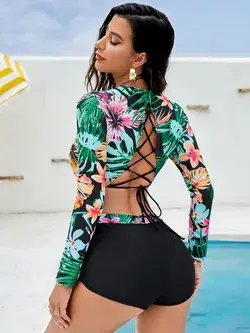 Tropical Print Lace Up Back Bikini Swimsuit With Long Sleeve