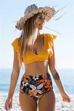 Ruffle Floral High Wasited Bikini Swimwear - Orange / XL