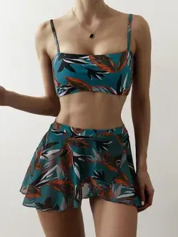 3pack Leaf Print Bikini Swimsuit With Beach Skirt