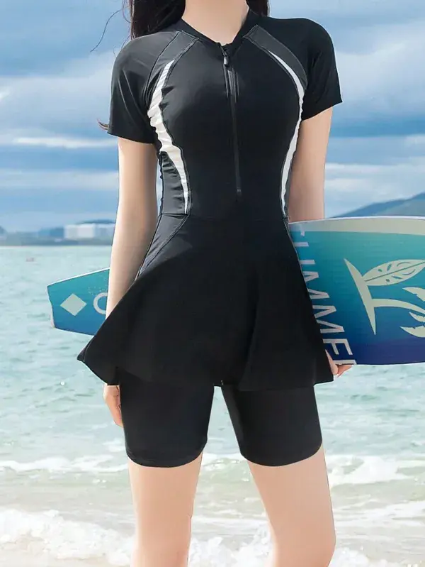 Contrast Panel Zip Up Peplum One Piece Swimsuit