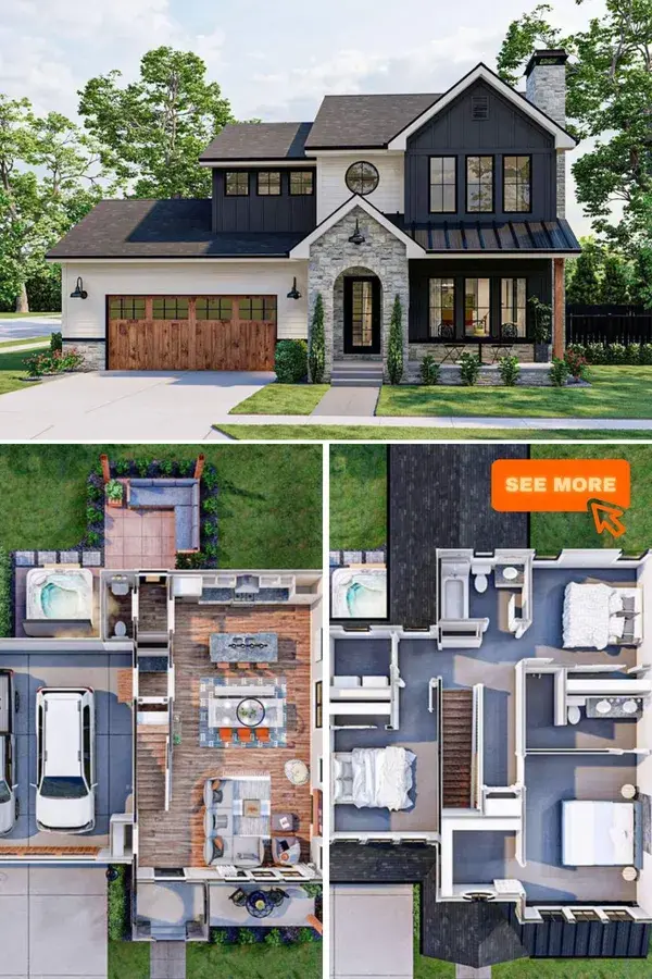 3D House Plans: 2-Story 3-Bedroom New American Home with 2-Car Garage (Floor Plan)