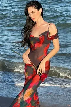 Printed Cowl Neck Chiffon Sheer Beach Vacation Maxi Dress - Red - M / Red