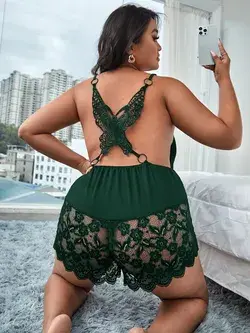 Plus Contrast Lace Backless Ring Linked Sleep Romper