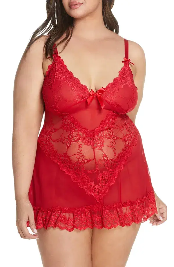 Plus Size Women's Oh La La Cheri Valentine Soft Cup Babydoll Chemise & G-String Thong, Size 1X/2X - Red