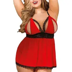 Women Plus Size Lace Mesh Lingerie Red Babydoll Lace Split Cup Sleepwear Set Babydoll Jumpsuit Pajamas Underwear Sexy Suit - red, l