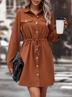 Flap Detail Drawstring Waist Corduroy Shirt Dress