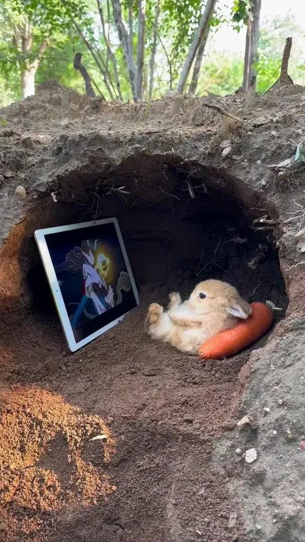 Cute bunny watching shows in it's hole🥺🐇🐰