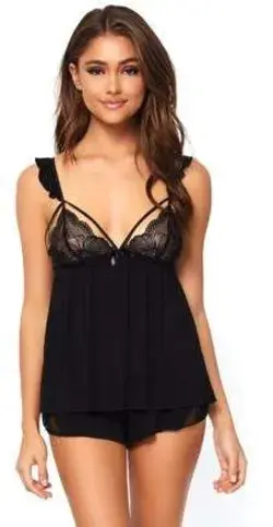 Sheer Lace Mesh Babydoll with Thong - Black / S