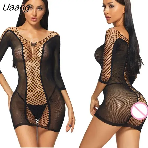 Uaang Women Fashion Print See Through Hollow Out Rompers Lace Sleeveless Bodycon Slim Playsuit Sexy Dress Streetwear Summer Clubwear Y-WM69-XXL