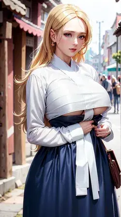 korean traditional dress, hanbok, blonde, underboob