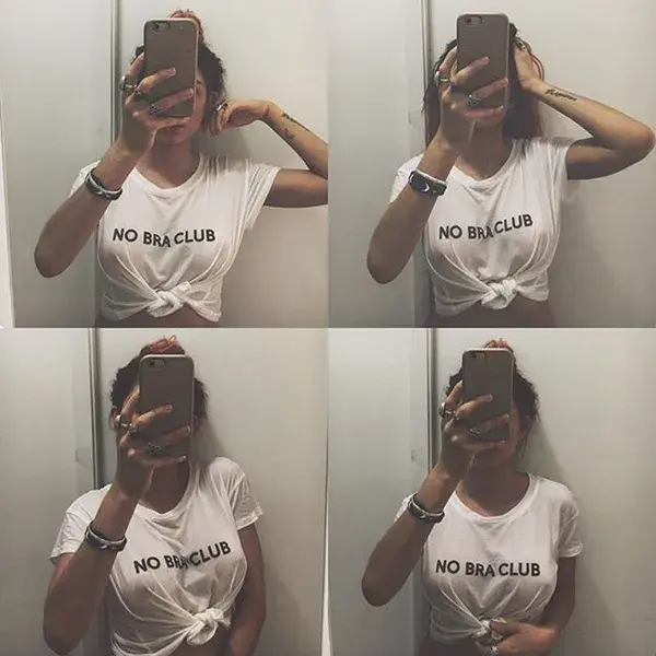 No Bra Club Letter Womens Loose Pullover Short T Shirt Short Sleeve White Tops Shirt Colloge Crop - L