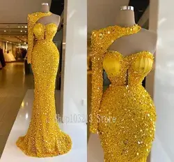 Yellow Sequins Beads Halter Mermaid Prom Dress Long Sleeves Party Gowns Customize