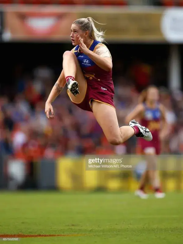 Tayla Harris of the Lions kicks the ball during the 2017 AFLW Grand...