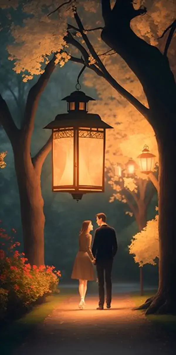 A couple walking under a street light with a lantern hanging from it.