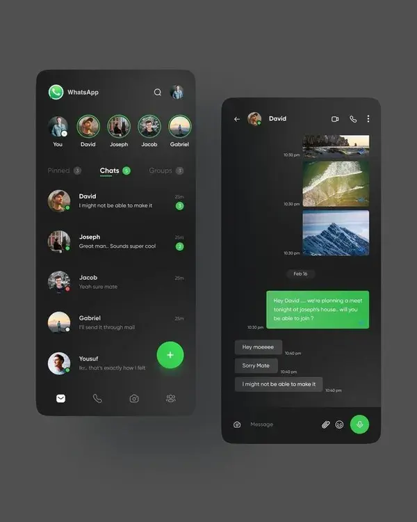 WhatsApp Messenger Redesign (dark mode)