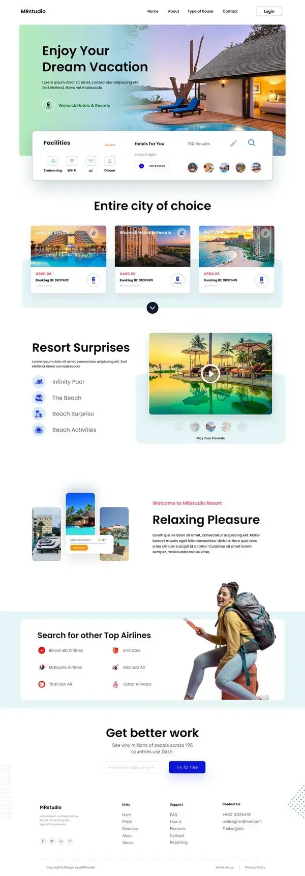 Hotel Resort & Airlines booking landing page