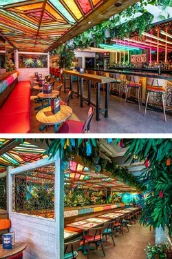 Tropical restaurant bar design. Bold, colourful, planting, flowers. Indian interior restaurant.