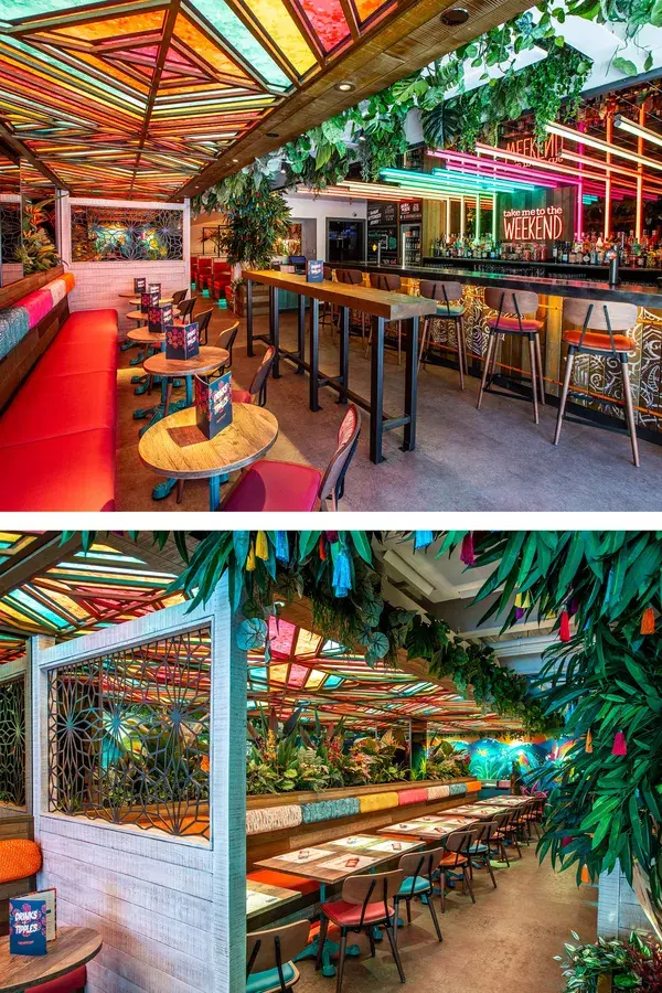 Tropical restaurant bar design. Bold, colourful, planting, flowers. Indian interior restaurant.