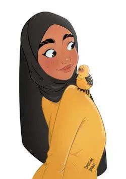 Muslim girl and a little bird, hijab, scarf, head scarf, digital art