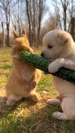 Rabbit🐇 eating with little dog 🐕