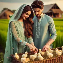 cute lovely couple feeding the chickens
