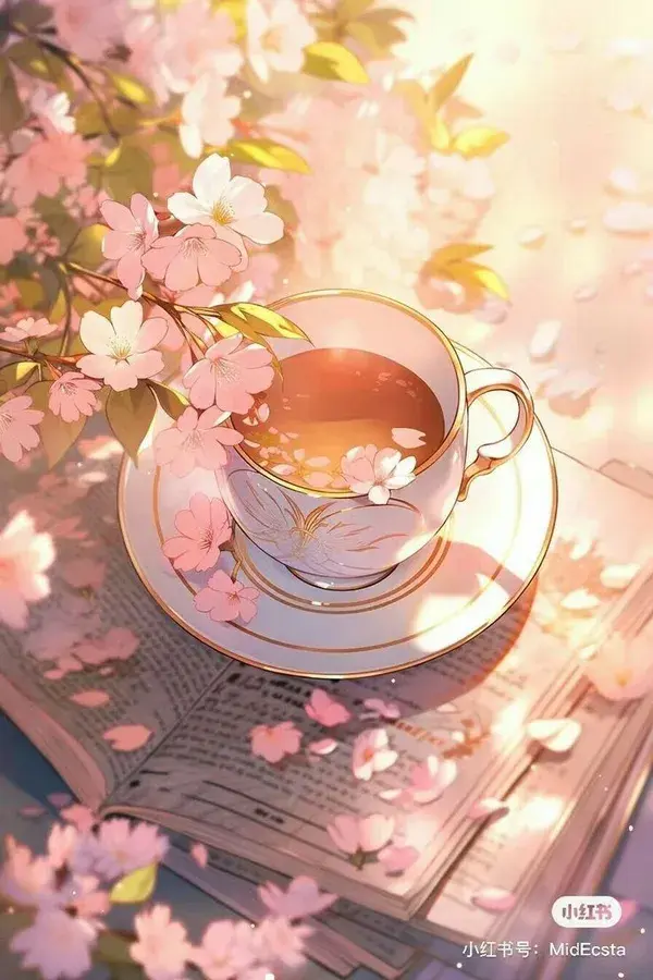 Tea Painting, Cute tea painting, Aesthetic Art Inspiration, Aesthetic art illust, cherry blossom tea