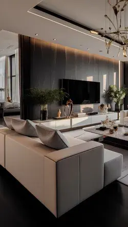 A modern luxury living room with a minimalist approach, where every piece of furniture and decor