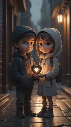Cute Little Lovers holding heart at night on street