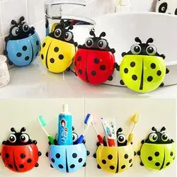 Spring Park 4Pcs/Set Cartoon Ladybug Kids Wall Suction Cup Mount Toothbrush Toothpaste Holder Pencil Pen Container Box Travel Organizer Plastic Pocket Storage Organizer, Green