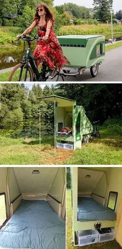 This Foldable trailer for your e-bike instantly converts into a one-person overnight camping adventu