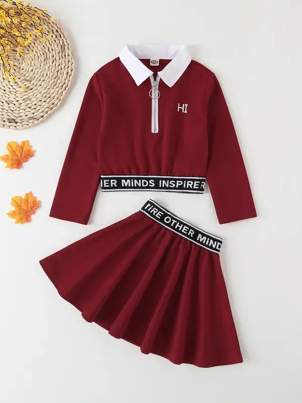 Girls Letter Tape O-ring Half Zip Pullover & Flared Skirt