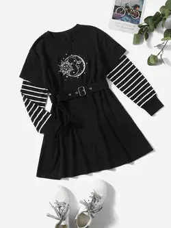 Girls Sun & Moon Print Belted 2 In 1 Dress