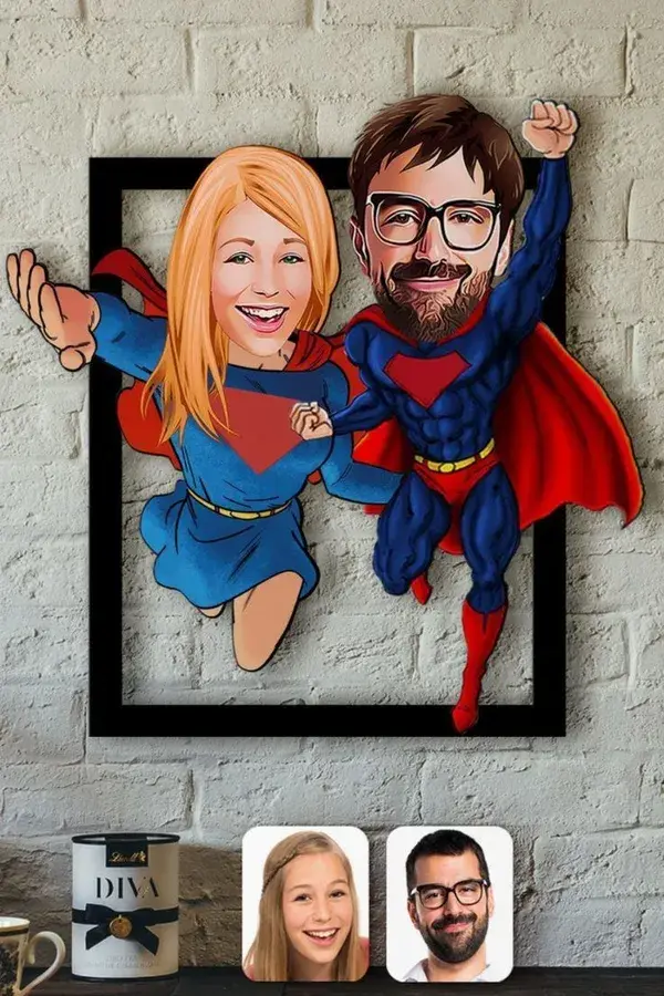 Personalized Superhero Couple Caricature Gift, Custom Cartoon Portrait Gift, Photo Print on Wood